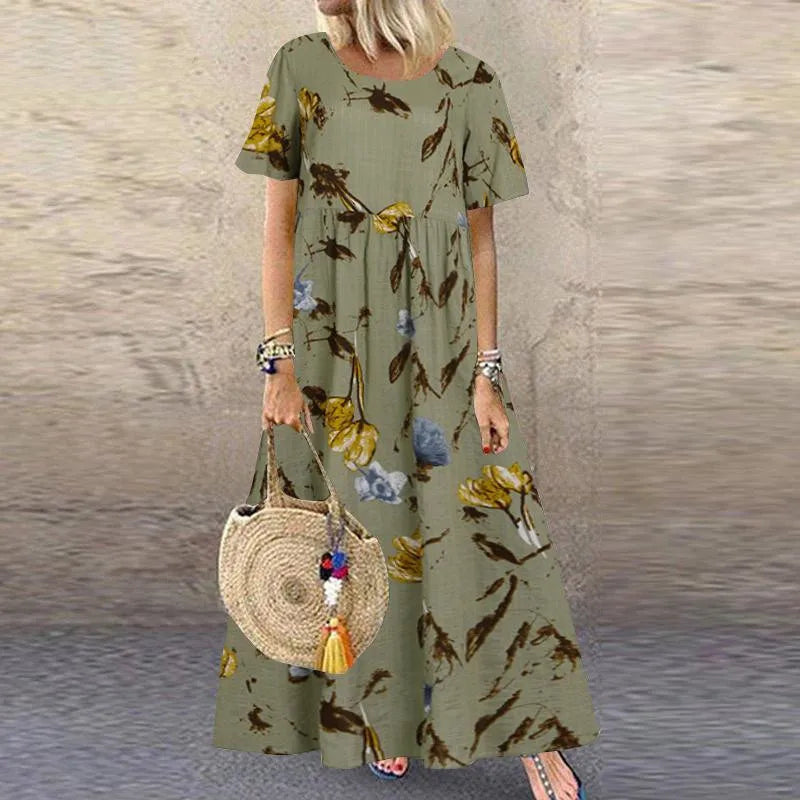 2025 Summer Women's Dress O-neck Loose Short-sleeved Floral Print Pastoral Style Vacation Beach Long Skirt