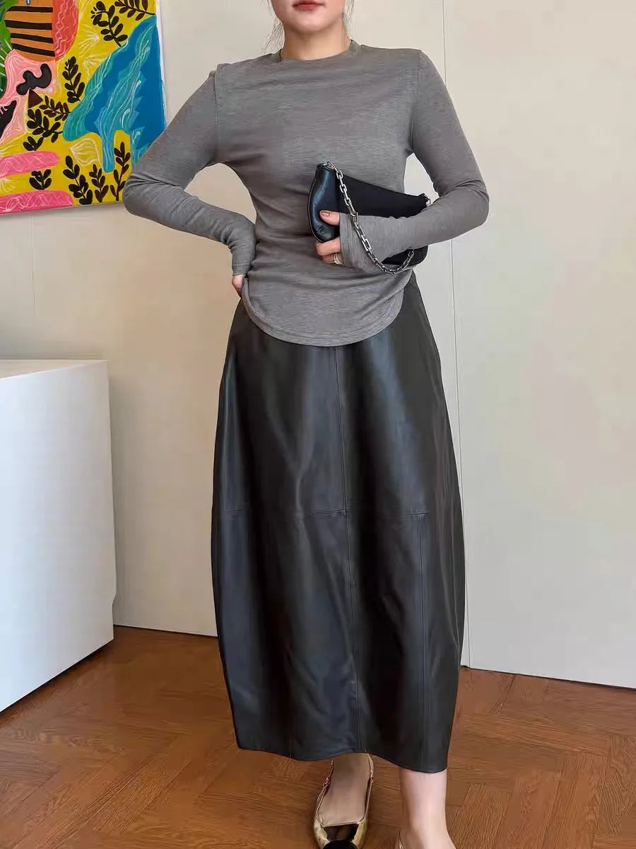 Autumn High End Women Genuine Leather Sheepskin Long Bud Skirt Wrapped Jupe Mujer Mid Length Korean Style