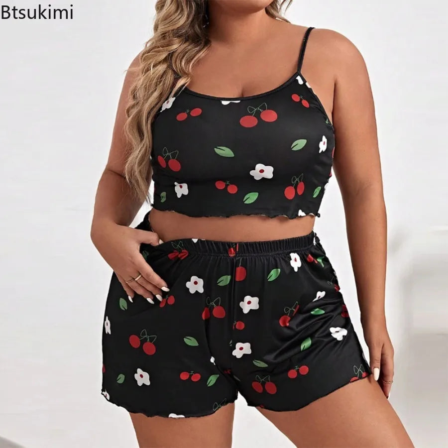 2025 Summer Women's Heart Print Pajama Set Sleeveless Elastic Waist Shorts 2 Pieces Female Sleepwear Nightwear XL-5XL Plus Size